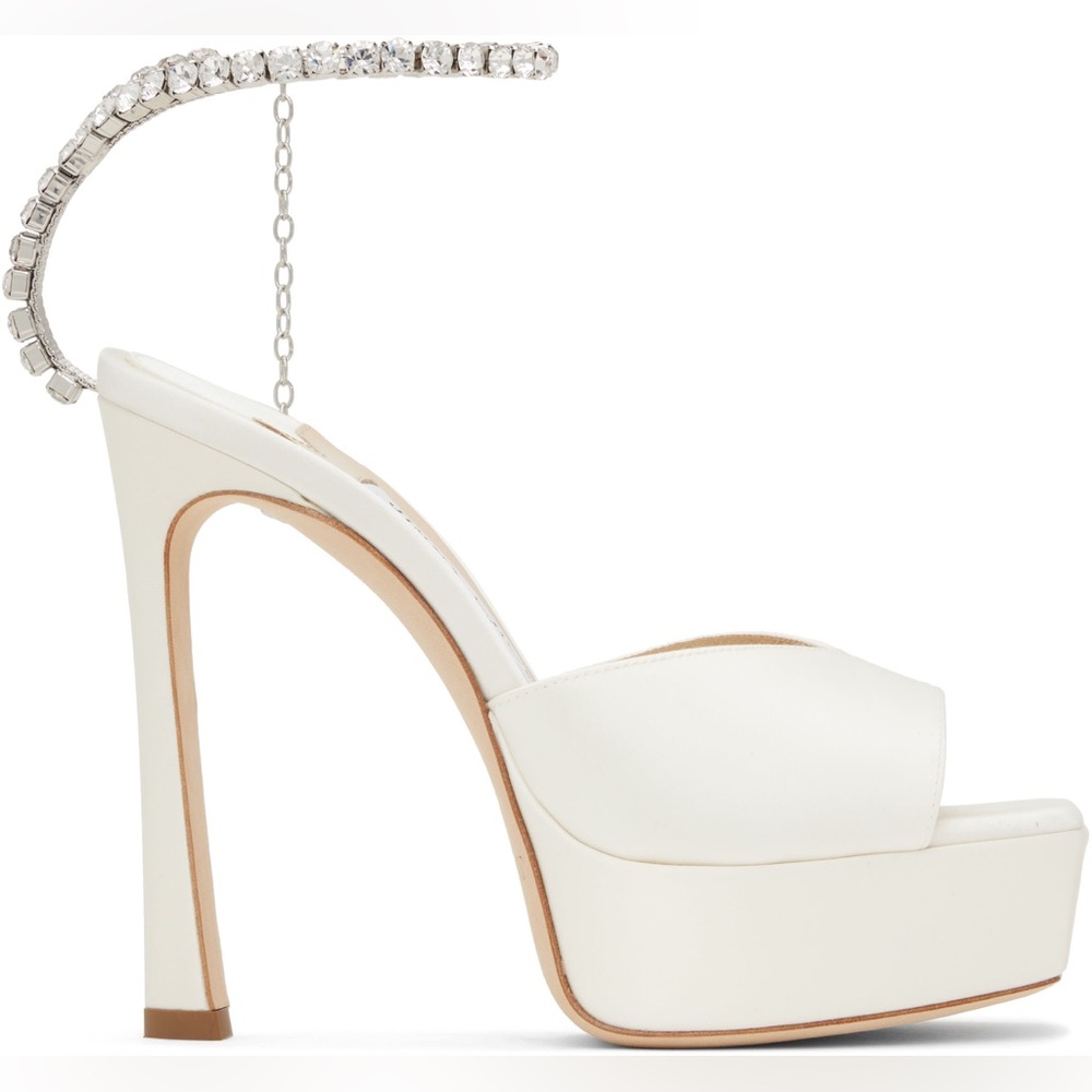 Jimmy Choo White Platform Sandals with Rhinestone Ankle Chain